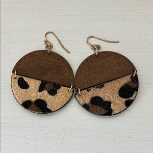 Leopard Print and Wood Circle Earrings